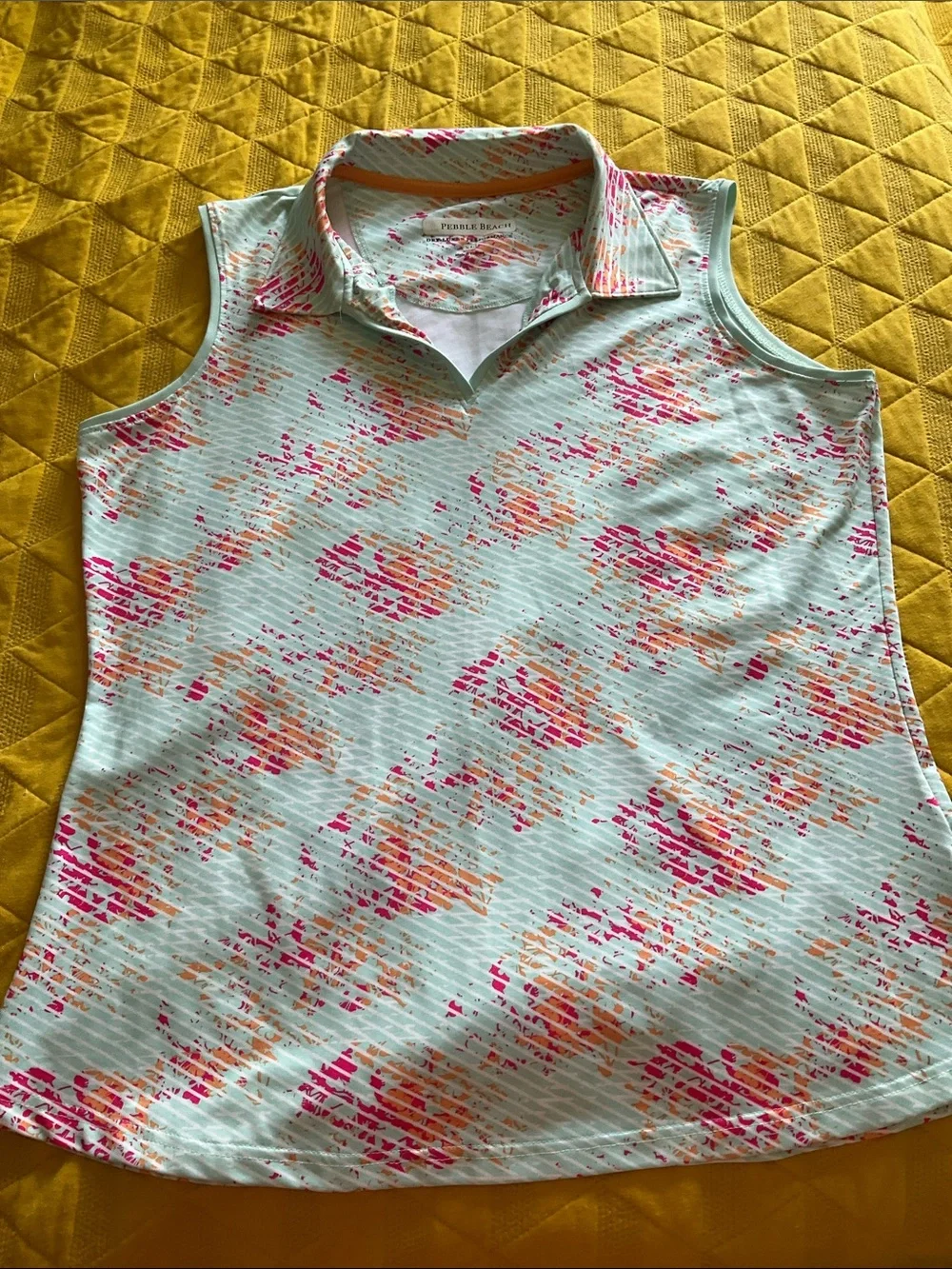 🔴Pebble Beach Dry-Luxe Performance Sleeveless Polo Shirt XL Mint Orange Abstract - Picture 1 of 3